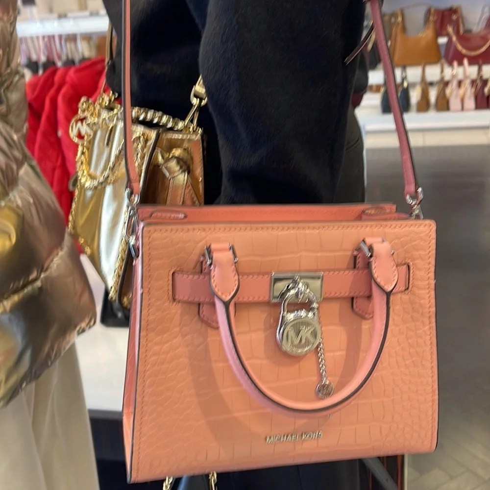 MICHAEL KORS Hamilton Small Crocodile Embossed Faux Leather Satchel Primrose NWT